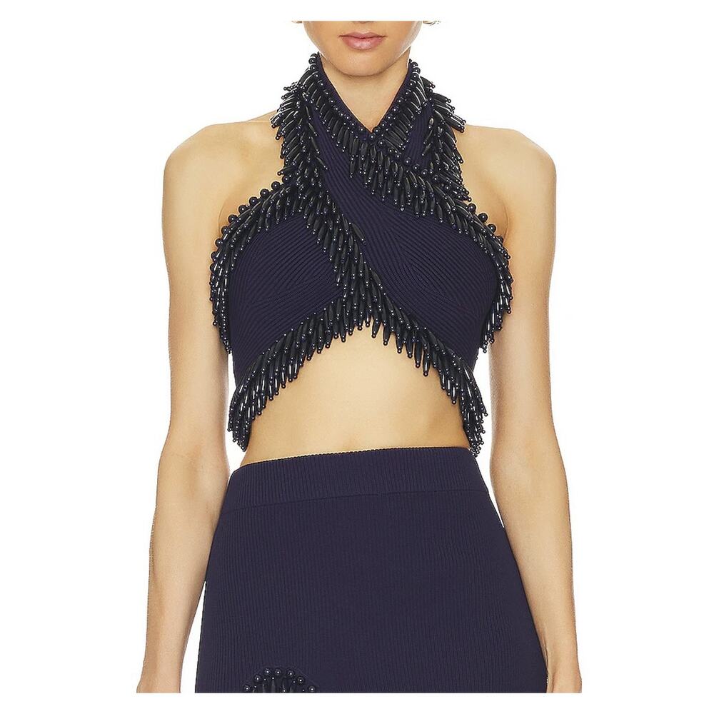 Cult Gaia Clara Blue Knit Beaded Halter Top Blouse Size Small